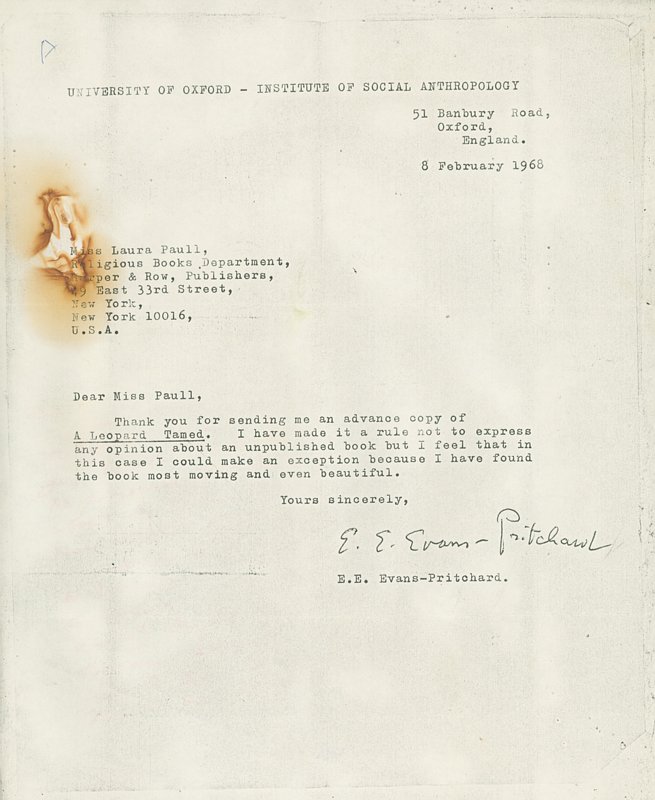 Letter from Sir Evans Pritchard