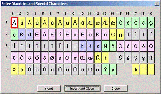 Screenshot of the diacritics tool in the Variations digitizer tool.