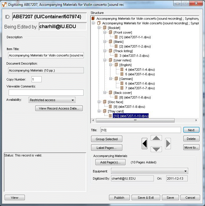 Screenshot of a completed record in the Variations digitizer tool.
